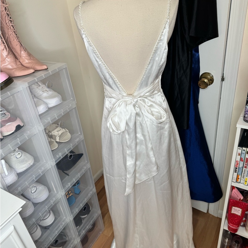 Lulus Elegant White Satin rhinestone Dress